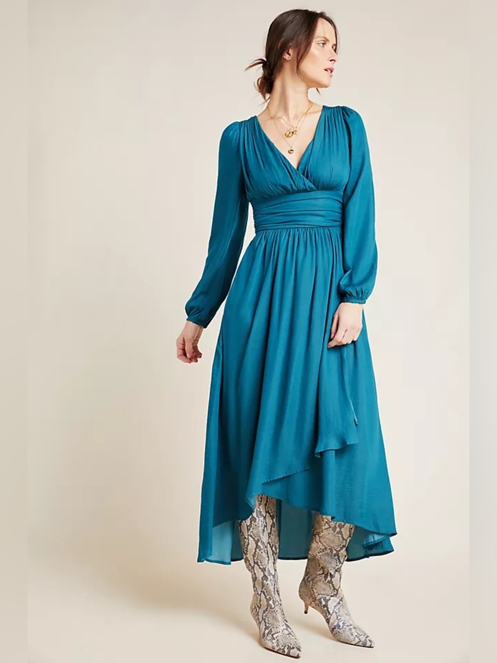 By Anthropologie Gwendolyn Maxi Dress Peacock Blue Long Sleeve Flowy Ethereal 14